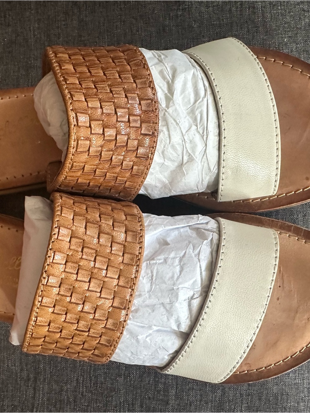 Seychelles Woven Two-Band Slide Sandals in Tan and Cream